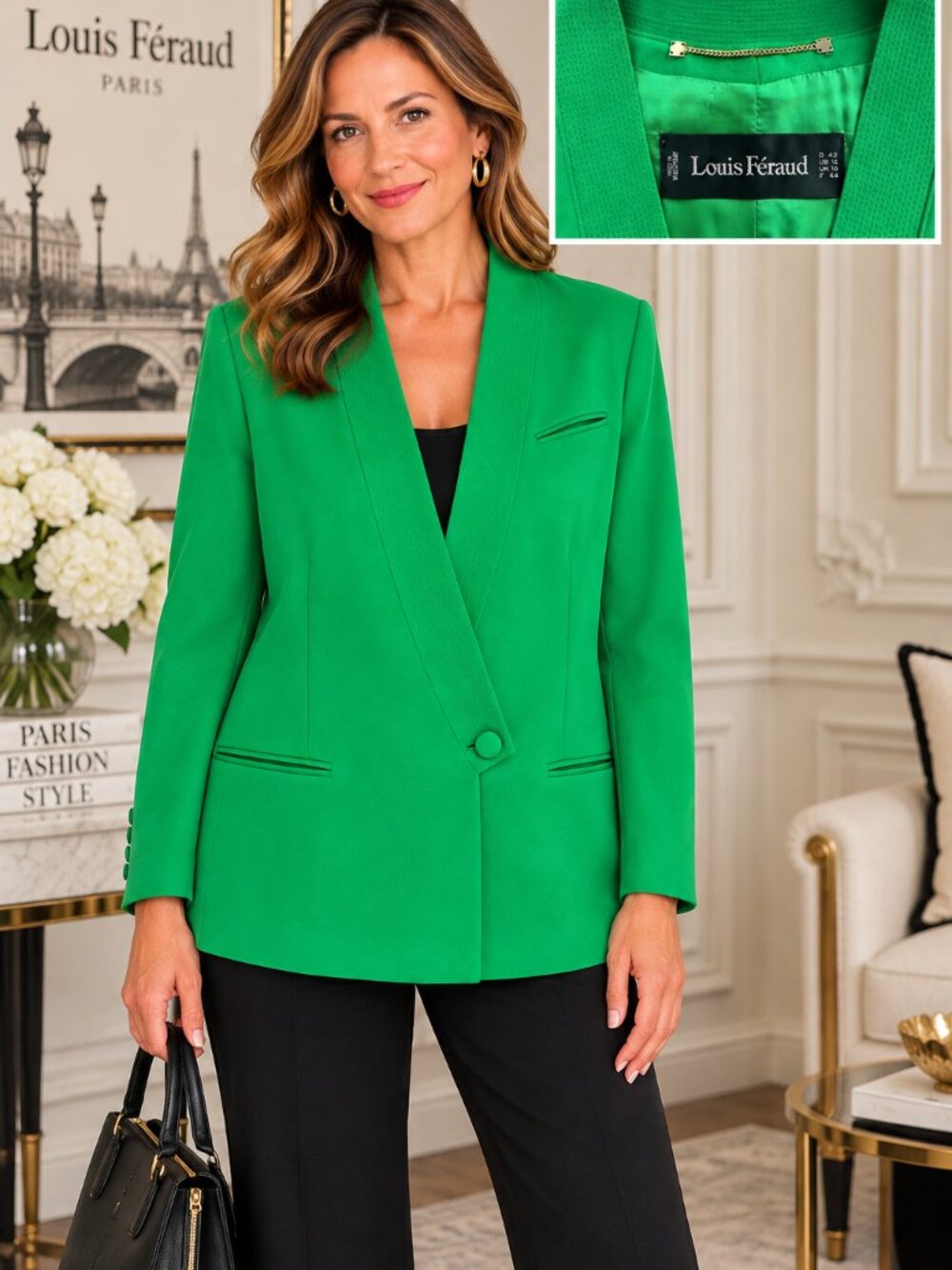 Louis Feraud Sz 12 Green German Wool Asymmetrical 1 Button Blazer Jacket Vintage